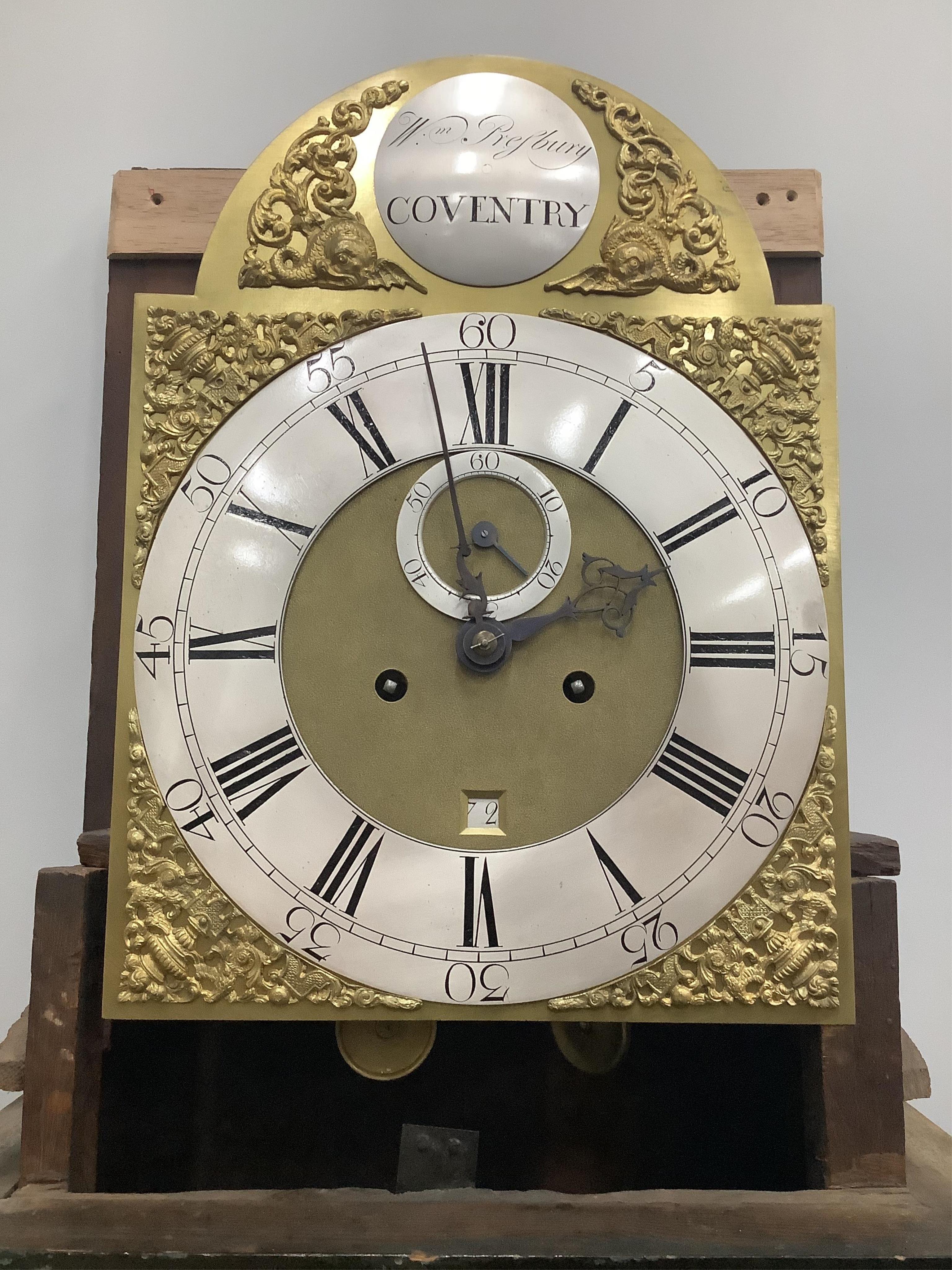 A George III blue japanned eight day longcase clock by William Presbury, Coventry, height 232cm. Condition - case fair, dial good